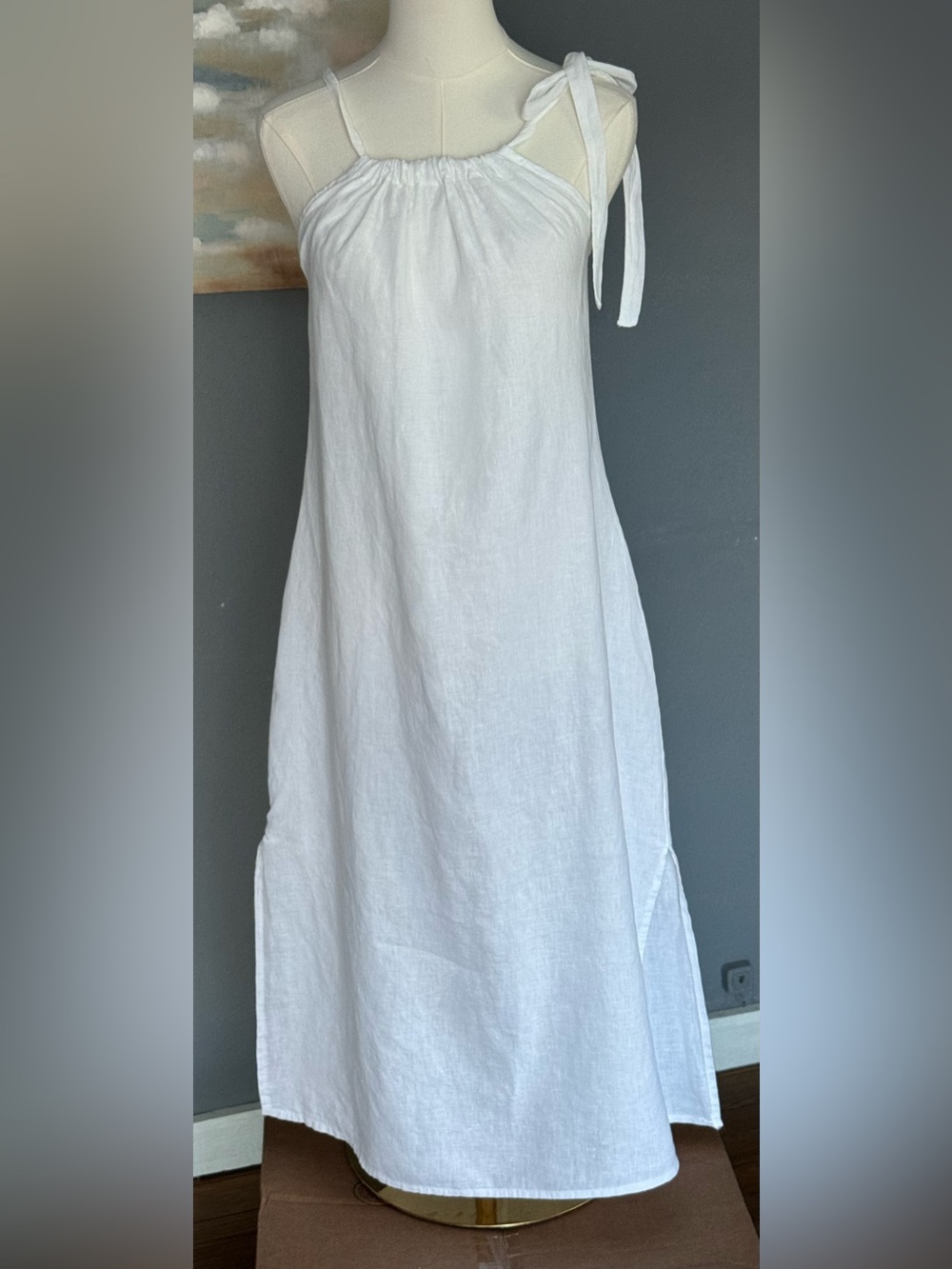 Bellambra Italy Tie Shoulder 100% Linen White Midi Sun Dress Side Slits Size S